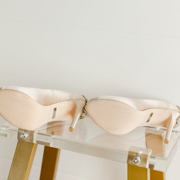 Badgley Mischka Kiara Pump Women's 7.5 Latte Platform Satin Open Peep Toe - Picture 13 of 16